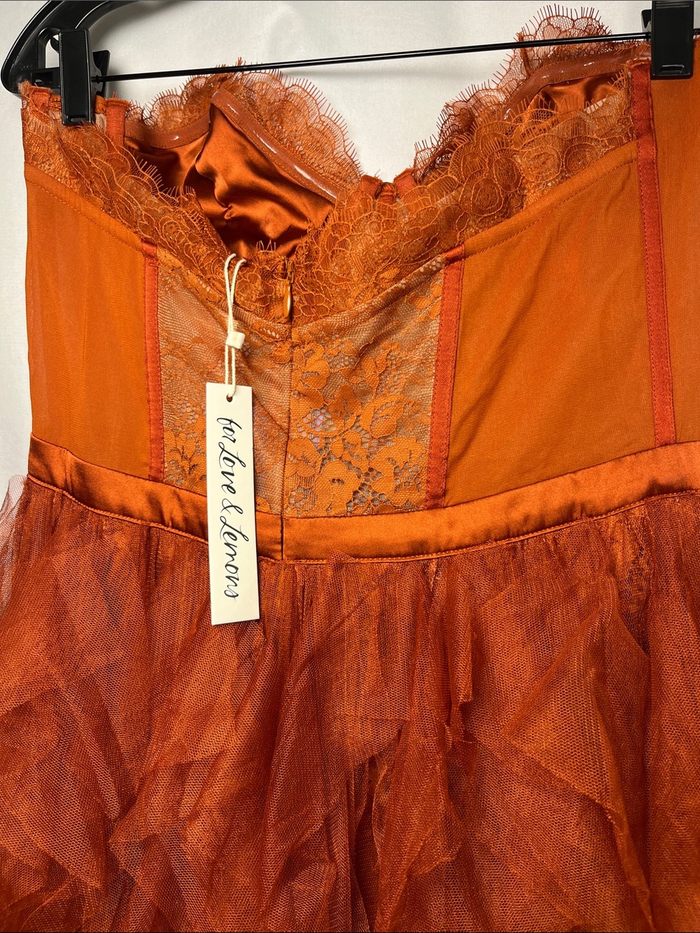 For love & lemons NWT bustier strapless lace tulle ruffle gown rust sz L - Picture 8 of 12